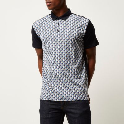 Navy retro pattern polo shirt